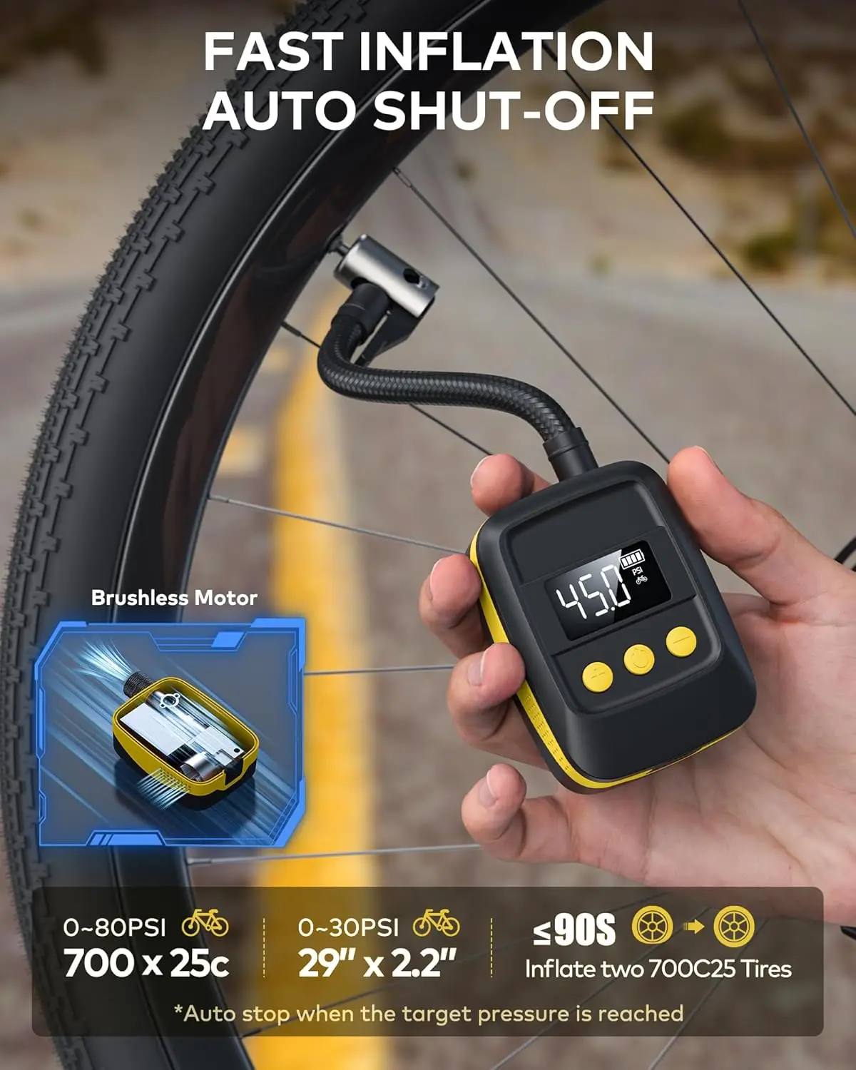 Pompa Ban Sepeda Listrik 150 PSI dengan Pengukur, Mati Otomatis, Portabel untuk Katup Presta/Schrader