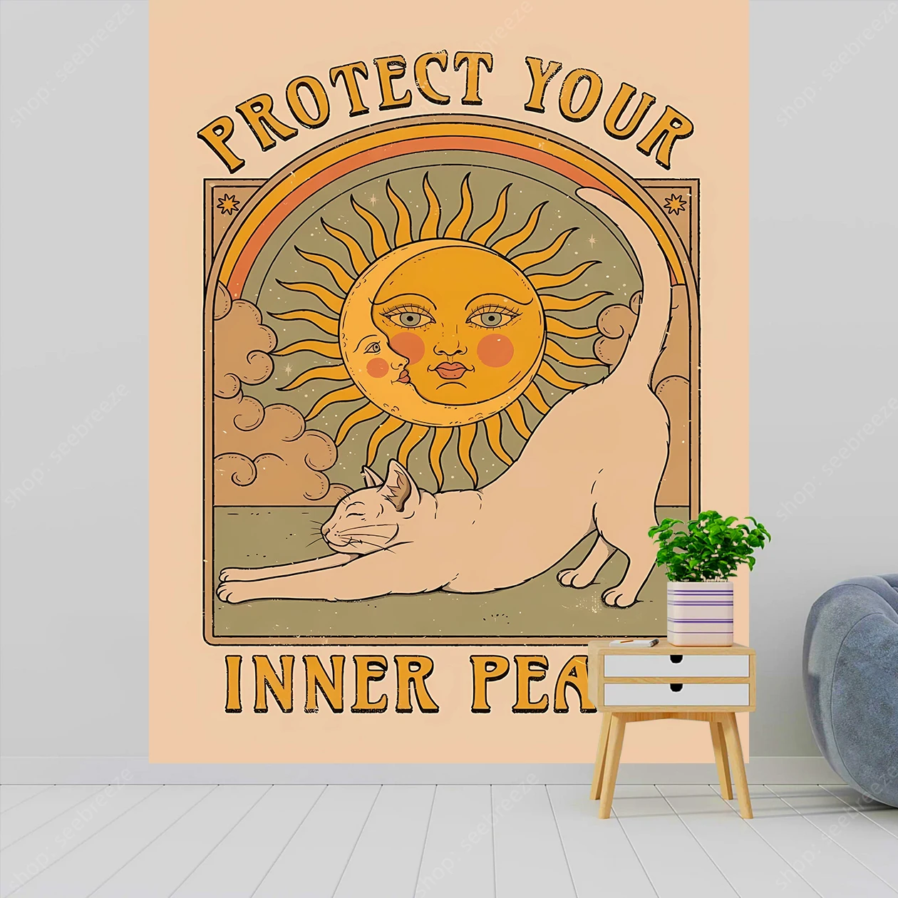 Cute Cat Tapestry Witchcraft Hippie Wall Hanging Bohemian Mandala Art Aesthetic Kawaii Room Wall Decor Yoga Mat Gift for Friends