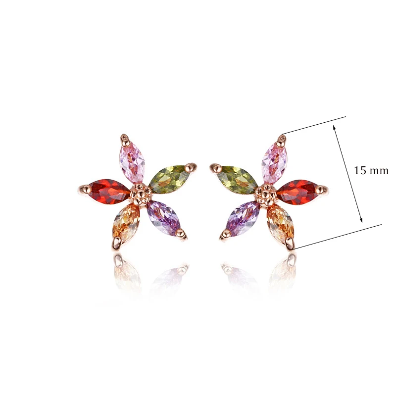 Women\'s Fashion Multicolor Zirconia Stud Earrings Colorful Rhinestone Prong Romantic Rose Gold Flower Earring Jewelry Best Gifts