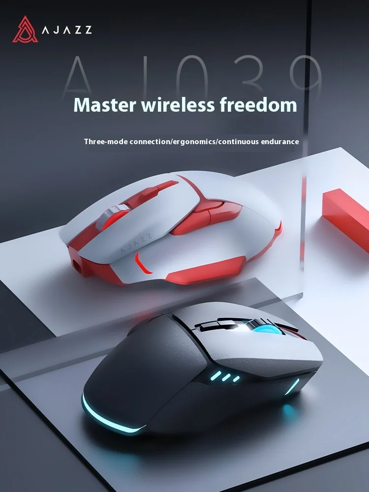 Ajazz AJ039 Gaming Mouse Tri-mode Wireless Bluetooth Mice PAW3212 DPI Adjustable Ergonomic Laptop Mouse PC Accessory Customized