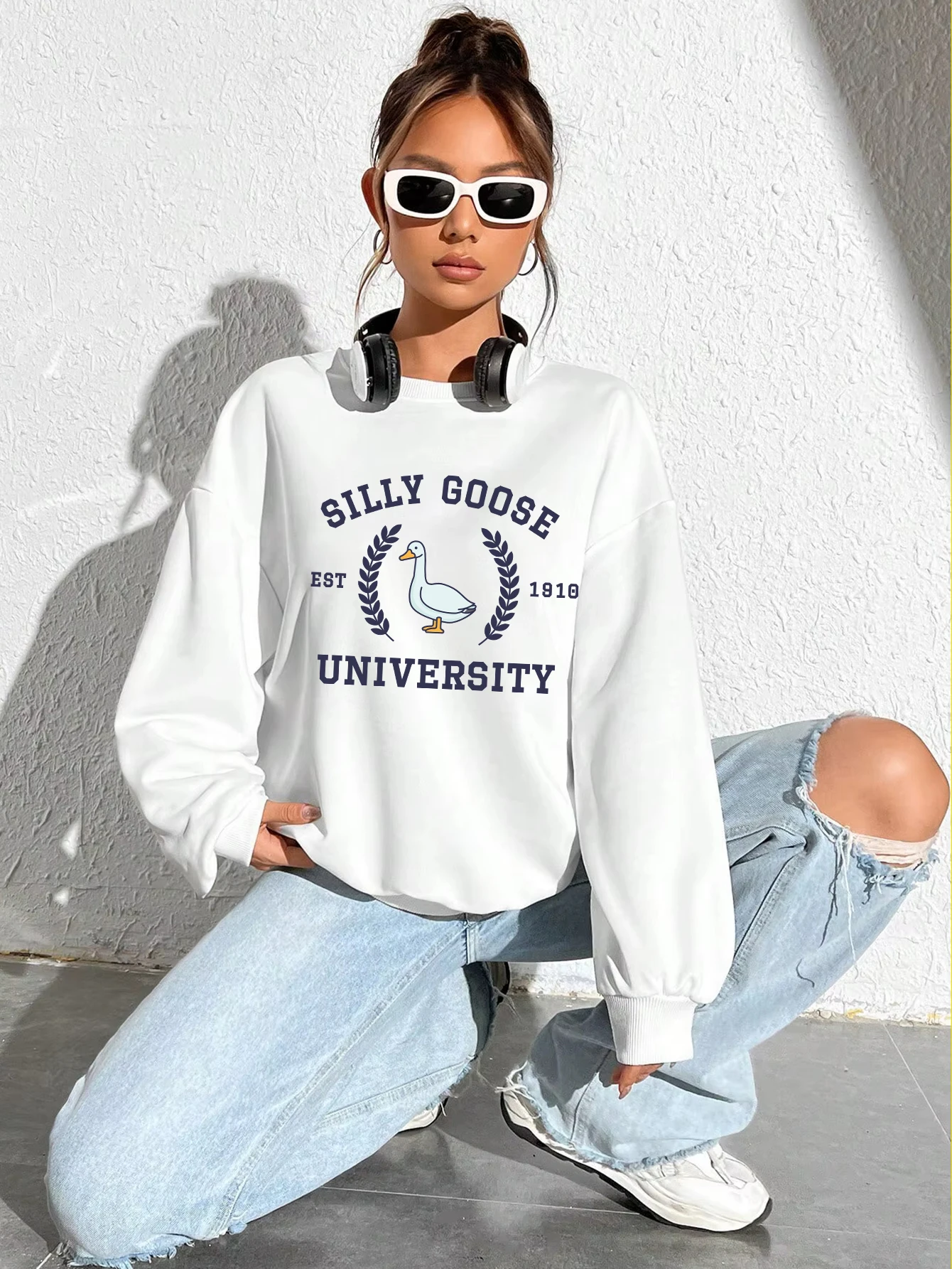 

Silly Goose University Est 1918 Женский свитшот с принтом, повседневная мягкая одежда, свободные модные пуловеры, осенние топы с круглым вырезом