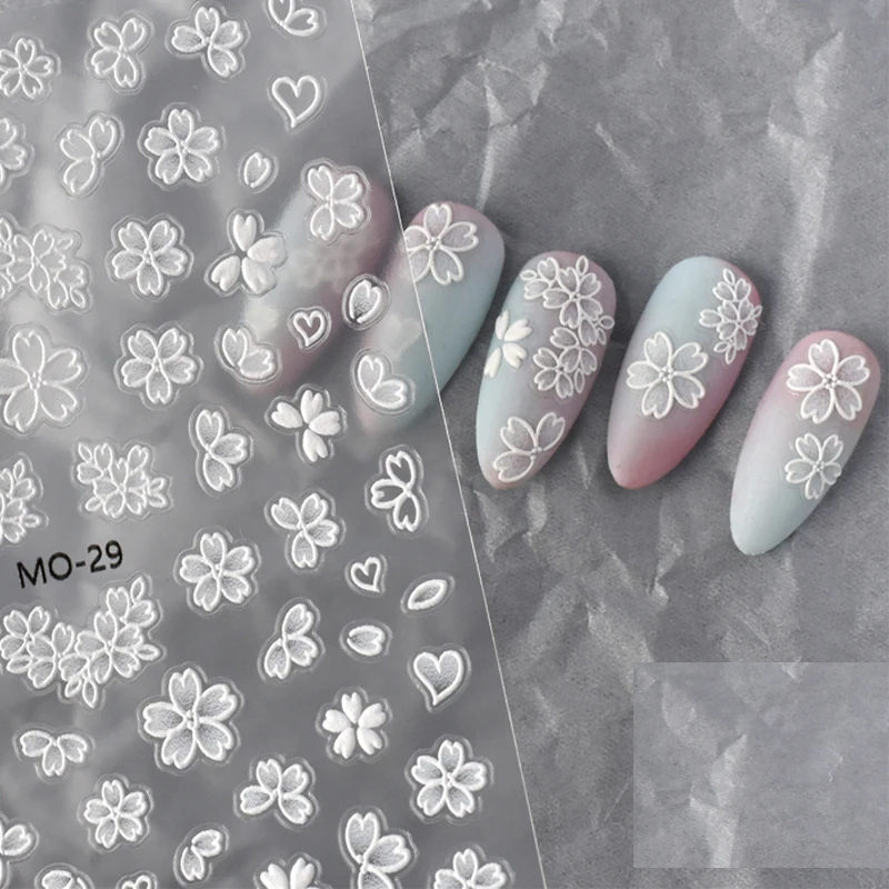 5d Präge Nail Art Aufkleber halb transparente weiße Kirsch blumen selbst klebende Schieber Nagel Aufkleber für Maniküre Tipps Zubehör