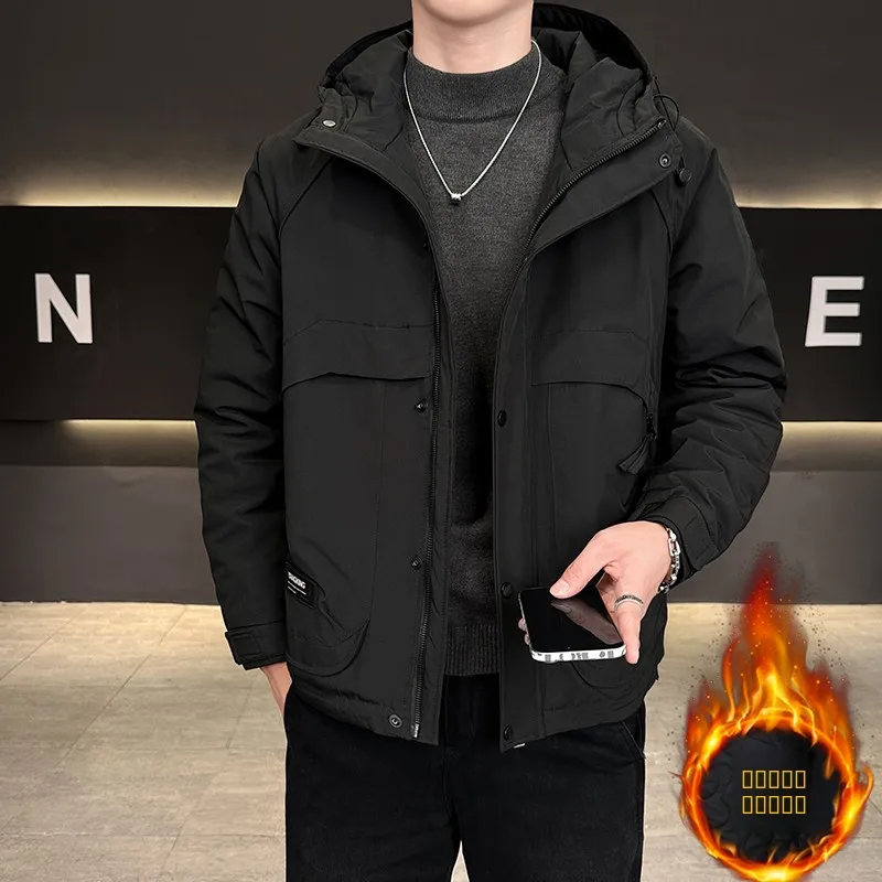 

Thiened Cotton Jaet Men's Autumn Winter Coat Warmth Windproof Hooded Zipper Closure Geometric Pattern Casual Outerwear