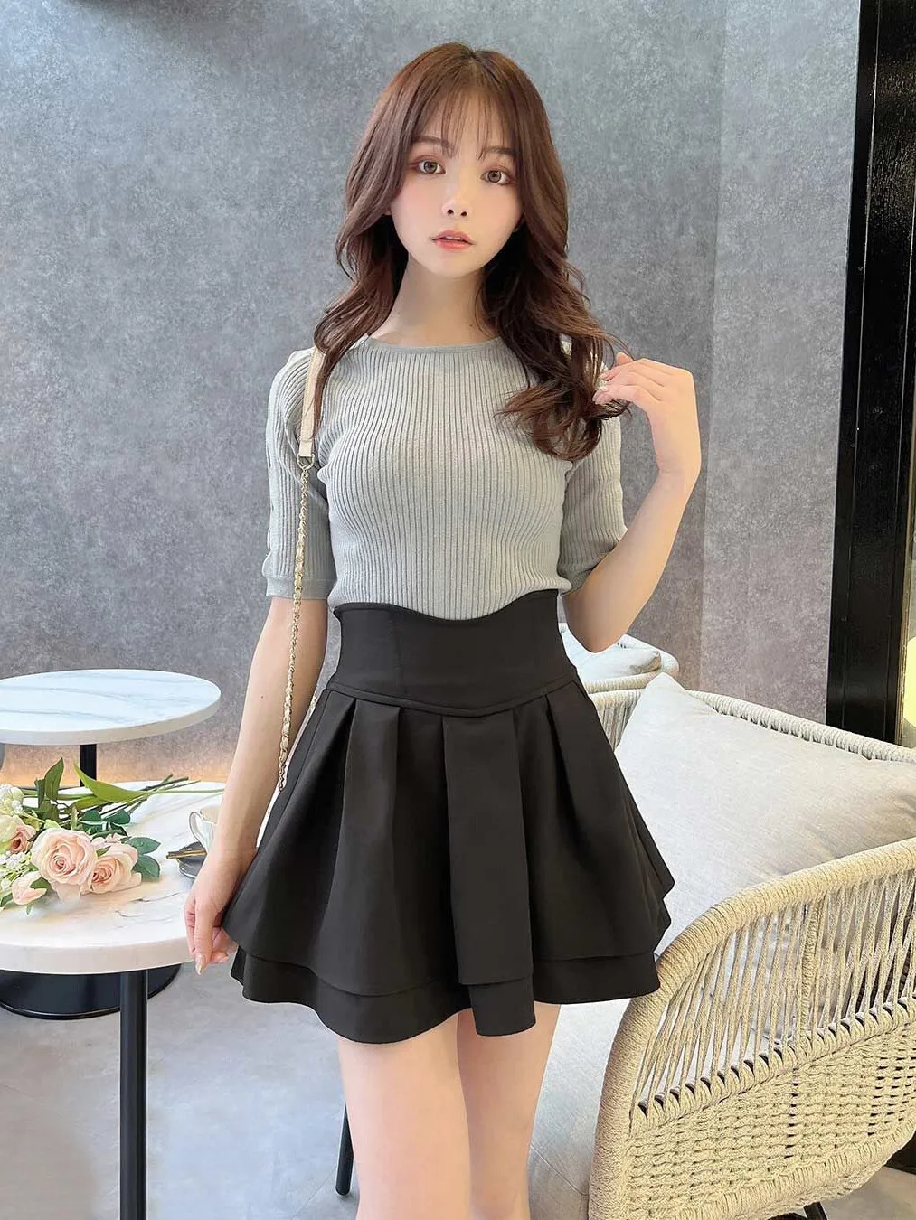 

Handmade Black Arc Waistline Slimming Short Skirt High Waist A-Line Polyester Fiber Daily Wear Japanese Style Student Girl