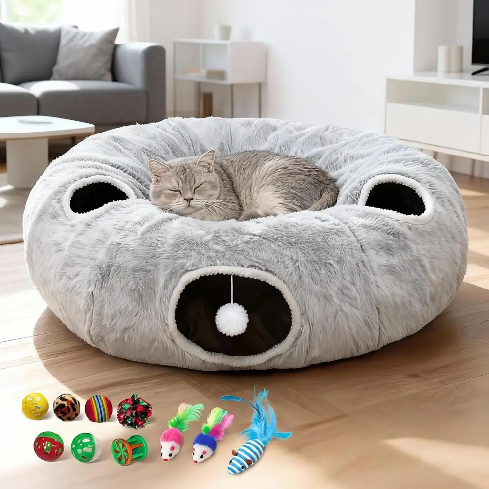 

Плюшевый игровой туннель-лежанка с 4 отверстиями, для дома, с съемной подушкой, уютная круглая пещера-убежище с 11 игрушками, Kitte