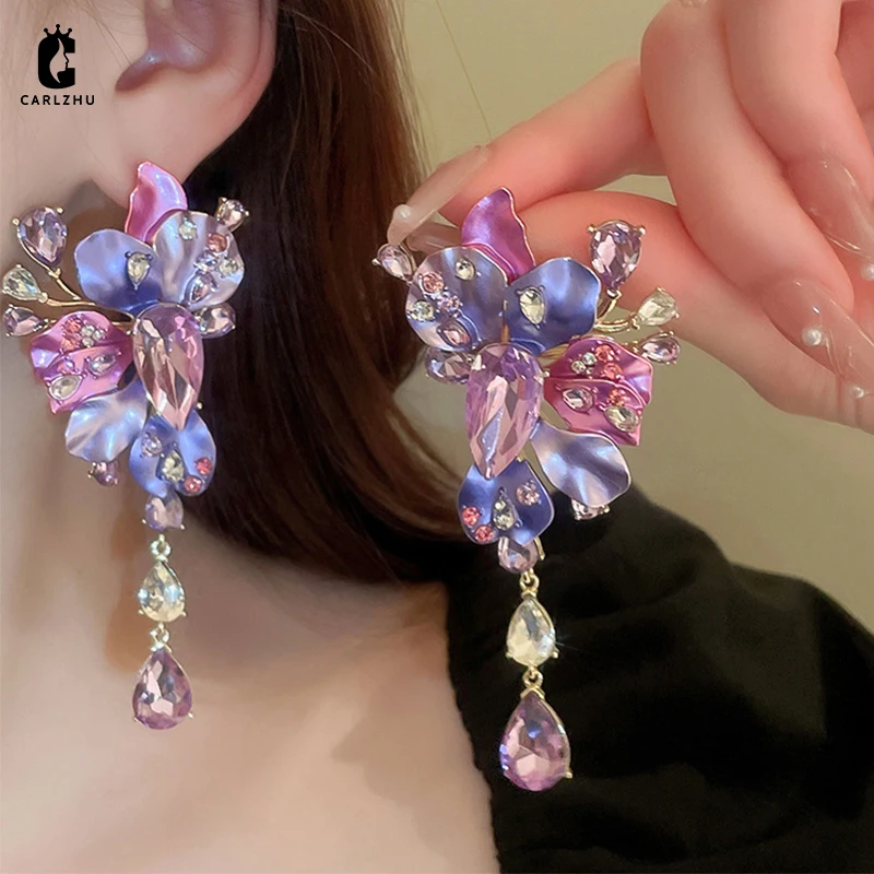 Luxury Rhinestone Purple Flower Drop Earrings for Women Europe and America Exaggerated Heavy Industry Party Jewelry