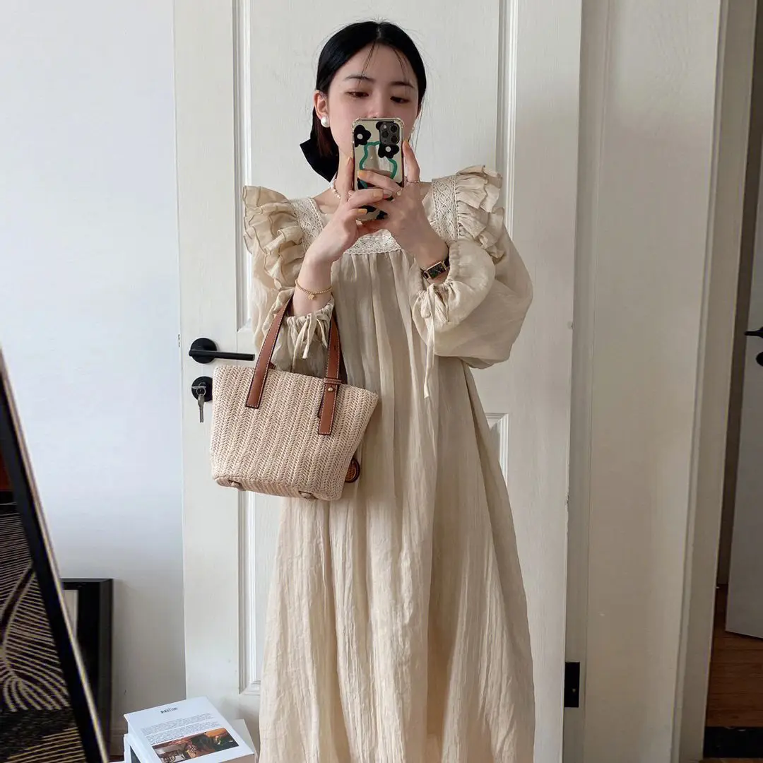 

Cute Princess Style Ruffled Pajamas for Women Spring Autumn New Korean Style Casual Home Wear Nightgown Long Style Long Sleeves