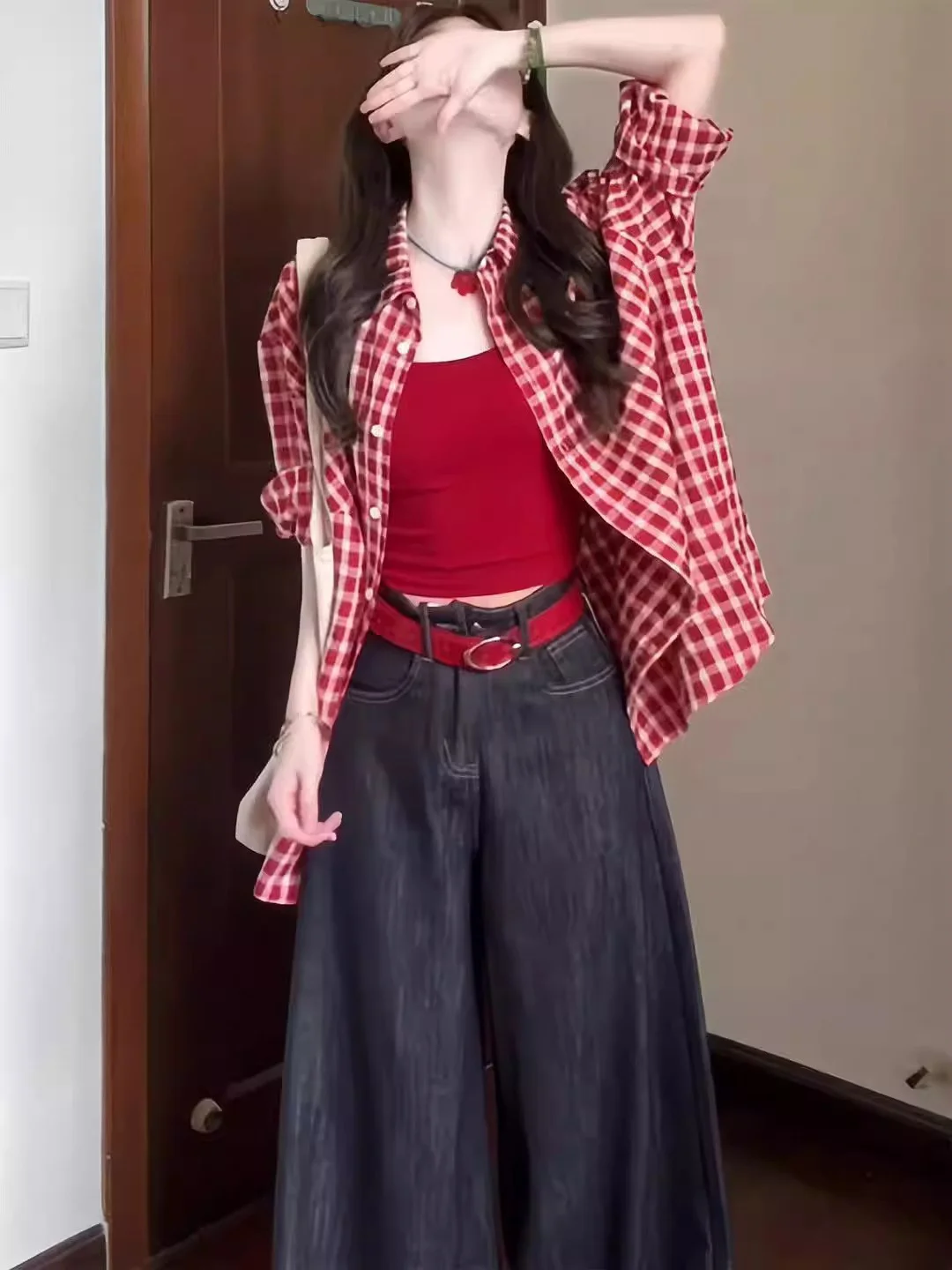 

Retro American Red Plaid Long Sleeve Women's Shirt Summer Sun Protection Beautiful Top Button down Loose Fit Casual Shirt