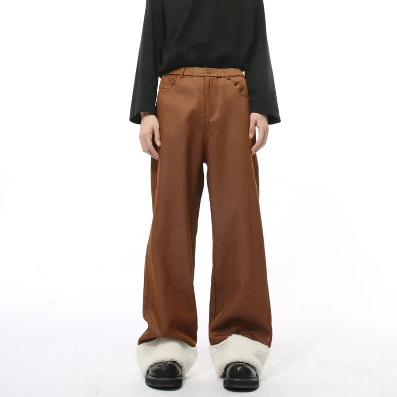 Niche Design Men's Casual Pants Patchwork Pile Thickened Fleece Contrast Color Straight Wide Leg Loose Male Trousers