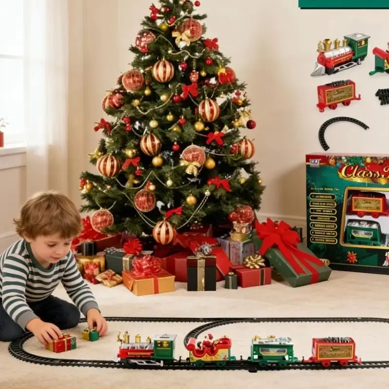 Weihnachts-Elektro-Zuggleis-Spielset mit Montageschienen, Urlaub, Kinderspielzeug, Geschenk, festliches batteriebetriebenes Lokomotiv-Set