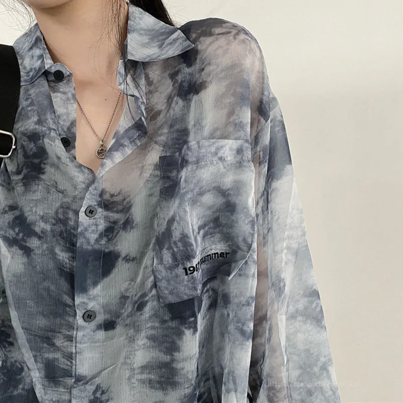 2024 Korean Chic Design Sense Tie Dyed Long sleeved Shirt Summer Korean Edition Versatile Loose Sunscreen Shirt Q870