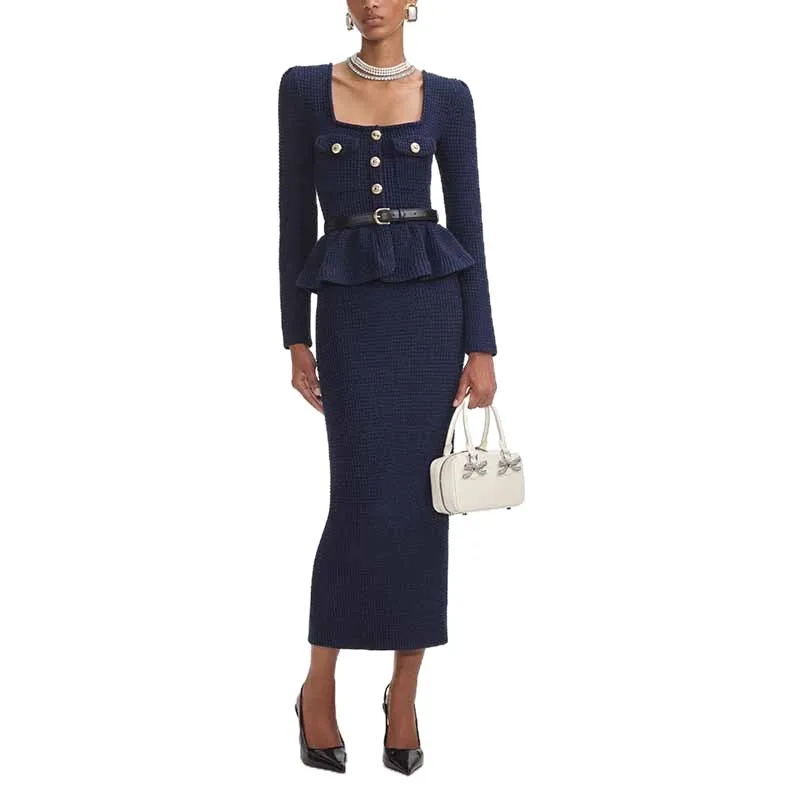Setelan Dua Potong Wanita FW25, Kerah Kotak dengan Ruffle, Slim Fit, Pakaian Kantor Elegan