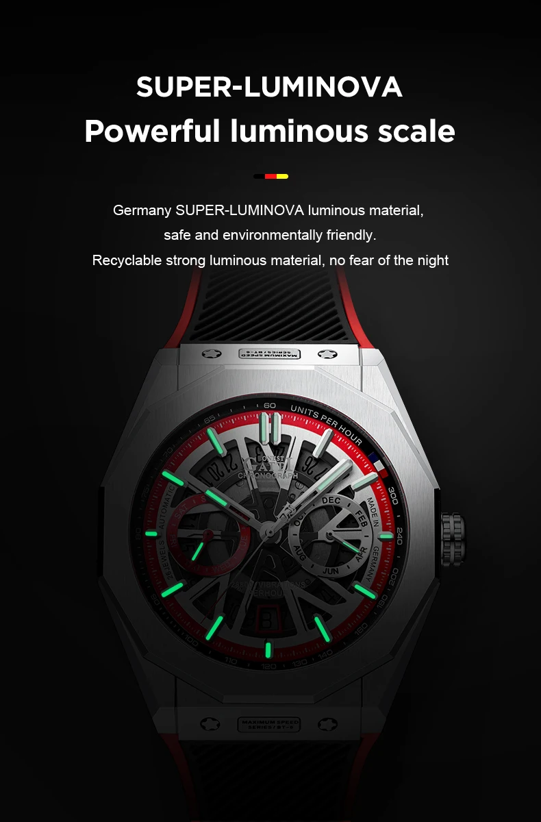 BONEST GATTI Men Automatic Watch Luxury Mechanical Wristwatch Skeleton Waterproof Sapphire Luminous Viton Strap Month Week Date