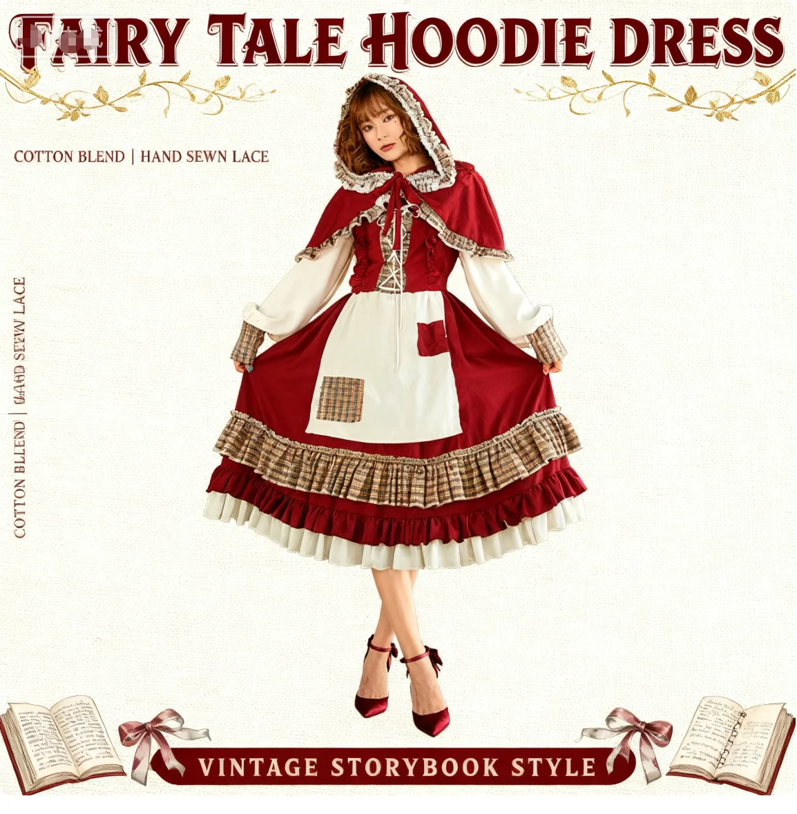 

Лолита Лоскутное винтажное кружево Красная Шапочка бордовое милое платье Косплей Костюм