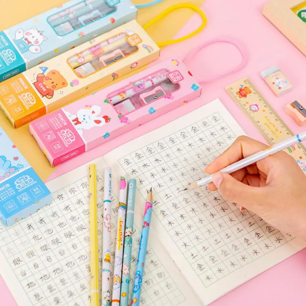 5 in 1 Cute Cartoon Pencil Set Portable Stationery Set for Kids Gift Pencil Eraser Sharpener Ruler School Supplies