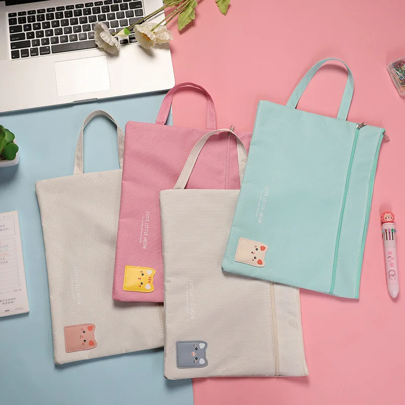 Cute Cartoon File Folder Handheld File Bag For Students Oxford Cloth A4 Double Layer Pocket Folder Large Capacity Zipper Bag