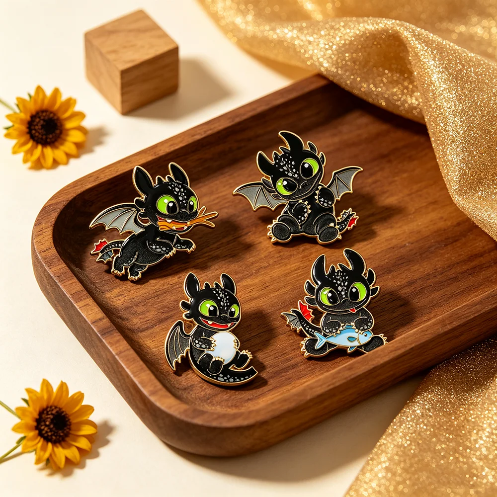 4Pcs Cute Black Dragon Enamel Brooch Set, Cartoon Fantasy Animal Lapel Pins Decorative Badges for Clothing Backpack Accessories