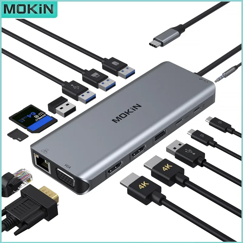 MOKiN 14 in 1 Docking Station USB C HUB 4K 60Hz 2 HDMI VGA USB 3.0 RJ45 Audio SD/TF PD 100W for Mac Air Pro iPad Laptop