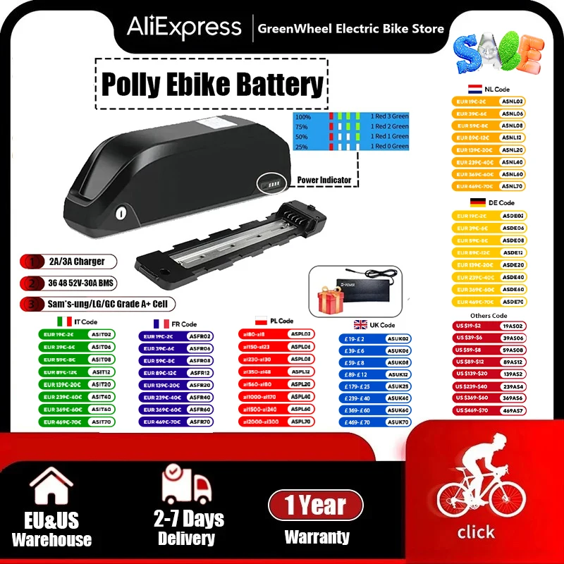 36V 48V 52V Ebike Battery with Charger Large Capacity 13Ah 20Ah 19.2Ah Anti-thief 18650 21700 Electric Bike Lithium Battery Pack