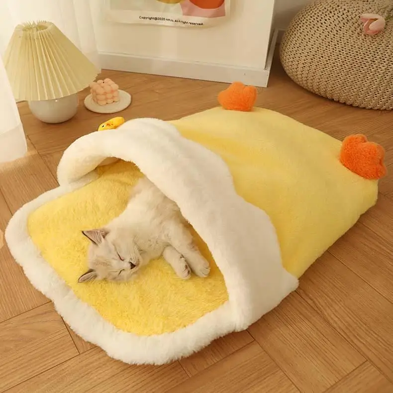 Cute Duck Cat Bed Coral Fleece Yellow Duckling Pet Bed Soft Comfortable Kitten Bed In 2 Sizes