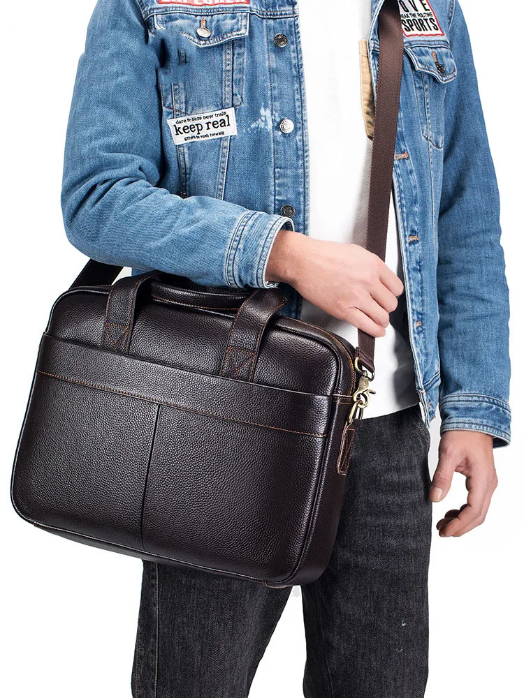 Business Laptop Bag Men Retro Genuine Leather Handbags Male Travel Briefcases Men 14 \