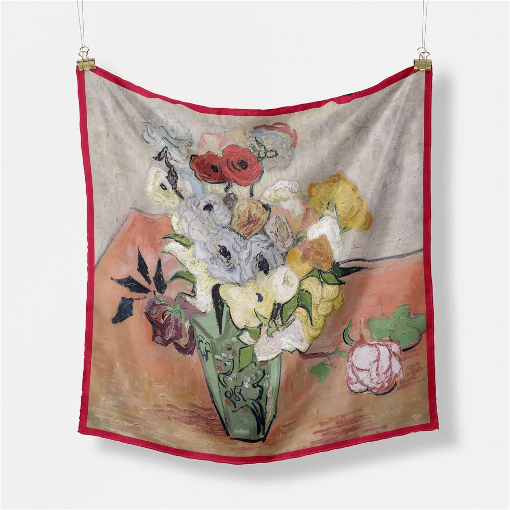 Flower Oil Painting Women Scarf Wraps Twill 100% Silk Scarf 53cm Square Scarves Fashion Head Scarf Hijab Neckerchief Bandana