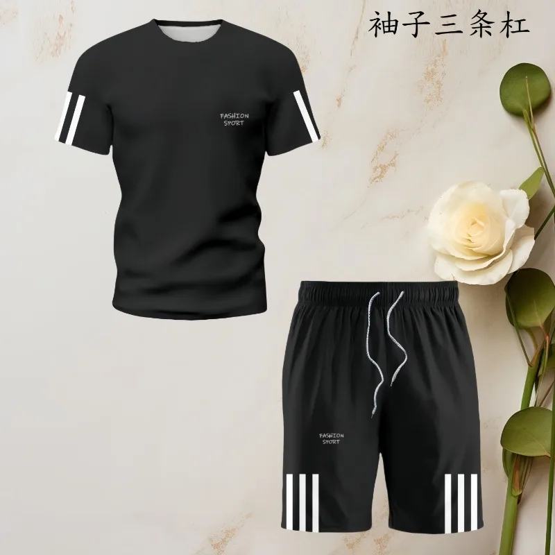 24/25 Latest Hot Trendy Men's Cool Handsome Casual Simple Three Bar Summer Men's Set Comfortable Loose T-shirt Shorts Set