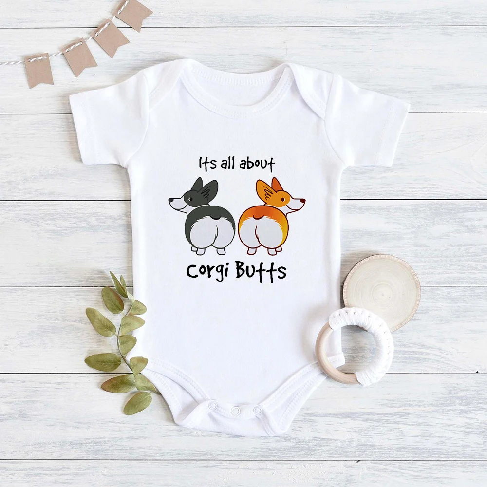 Corgi engraçado bundas dos desenhos animados do bebê bodysuits 2023 novo bonito infantil onesies verão casual versátil criança menino roupas macacões