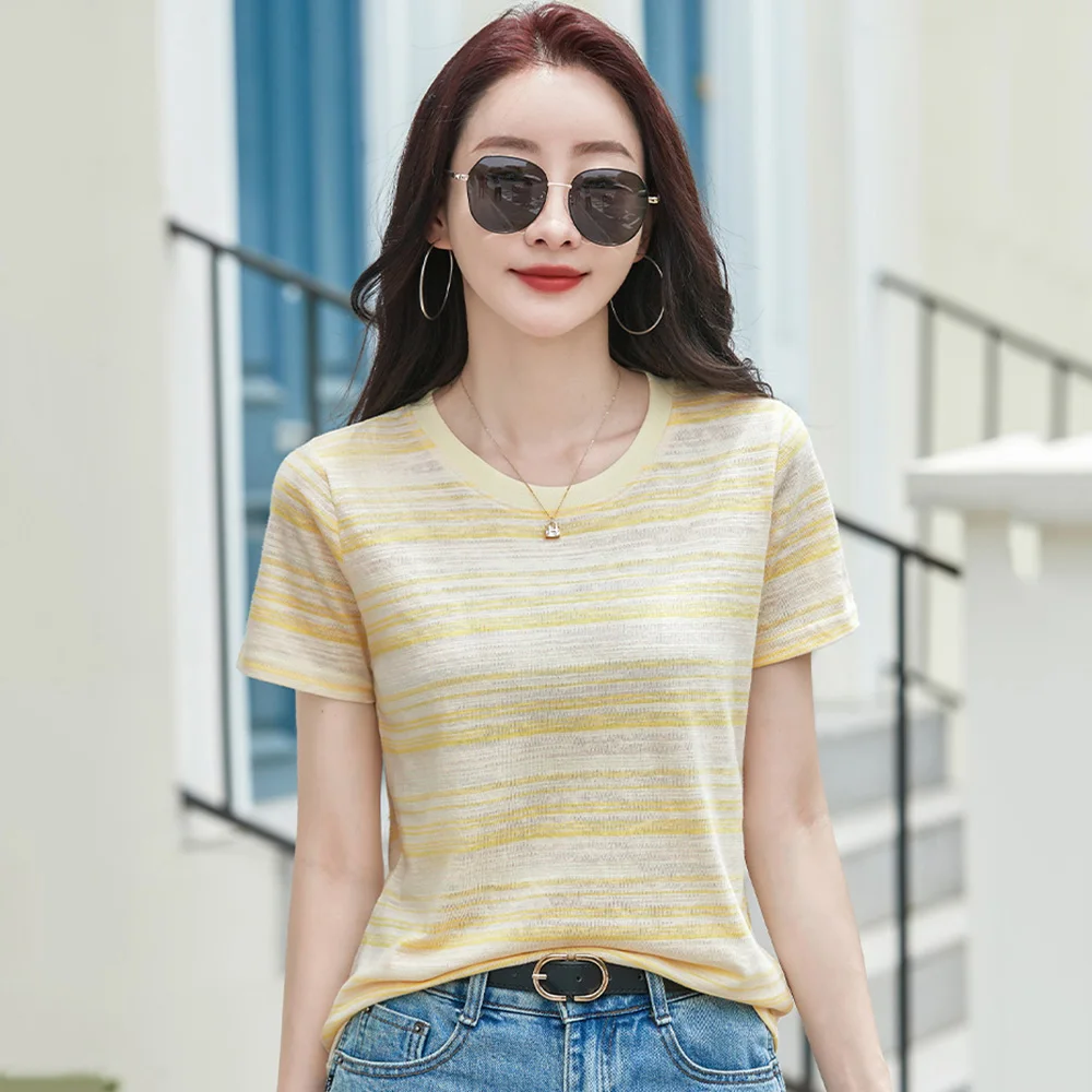 

New Women Simplicity Striped T-shirt Summer Fashion O-Neck Short Sleeve Loose Basic Tees Casual Easy match Female T-shirt