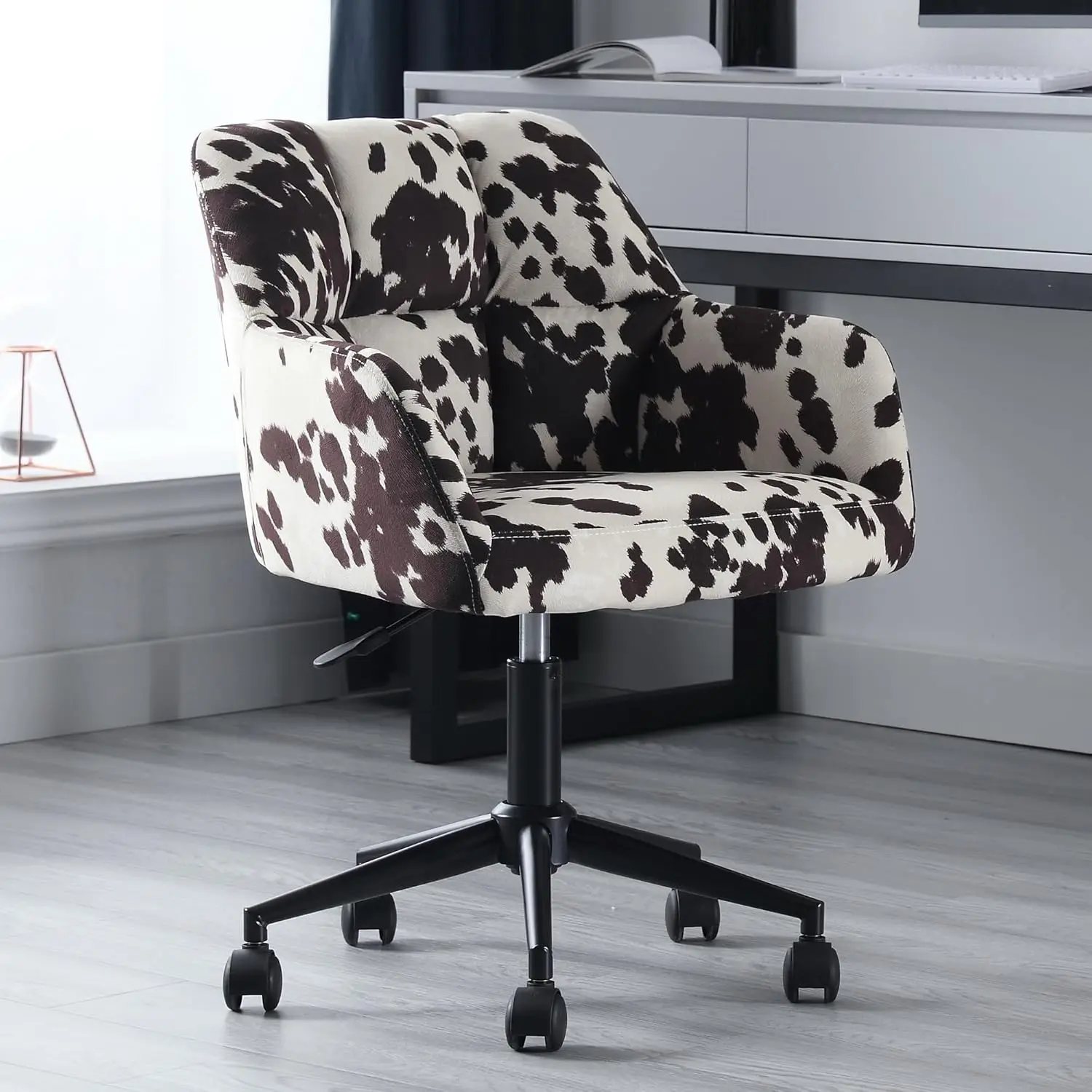 Cow Print Velvet Desk Chair Office Chair With Mid Back Support Armrest, Adjustable-Height 360° Swivel Chair With Wheels Rolling