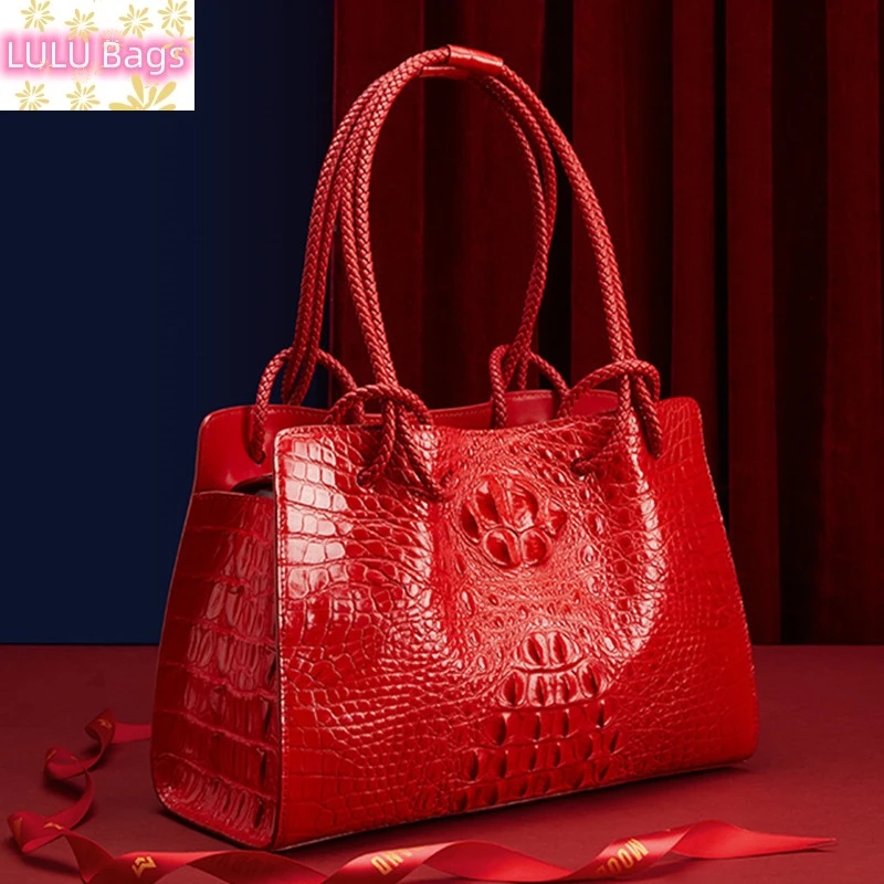 Luxury Genuine Leather Women\'s Handbags Red Crocodile Pattern Lady Tote Bag Fashion Travel Portable Shoulder Underarm Bags