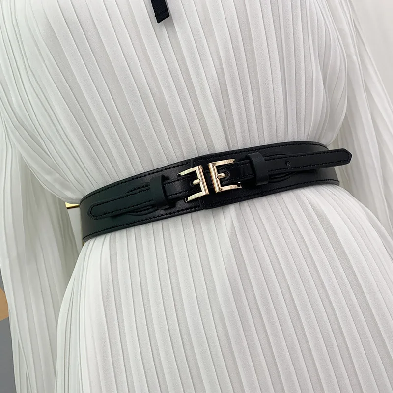 Double Buckle Fashion Simple Women's Elastic Belt Waist Seal Dress Elastic Belt Seal Button  Women's Decorative Dress With Coat