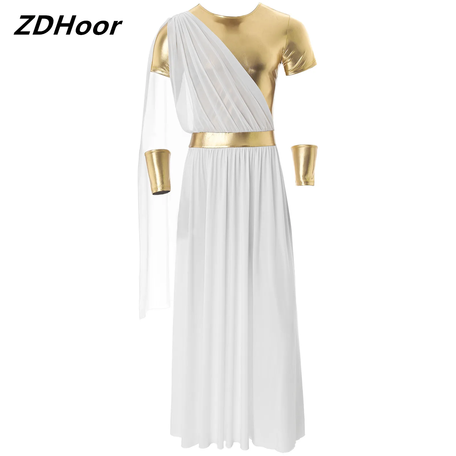 

Mens Halloween Ancient Greek Toga Costumes with Gloves Short Sleeve Metallic Patchwork Robe with Wristband Pullover Tunic