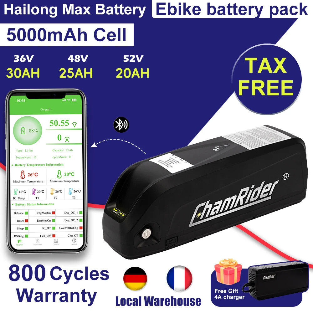 Original 48V Battery 48V 25AH 52V ebike Battery 36V Hailong Max 40A Bluetooth Smart BMS 350W 500W 750W 1000W 1500W 21700 Cell