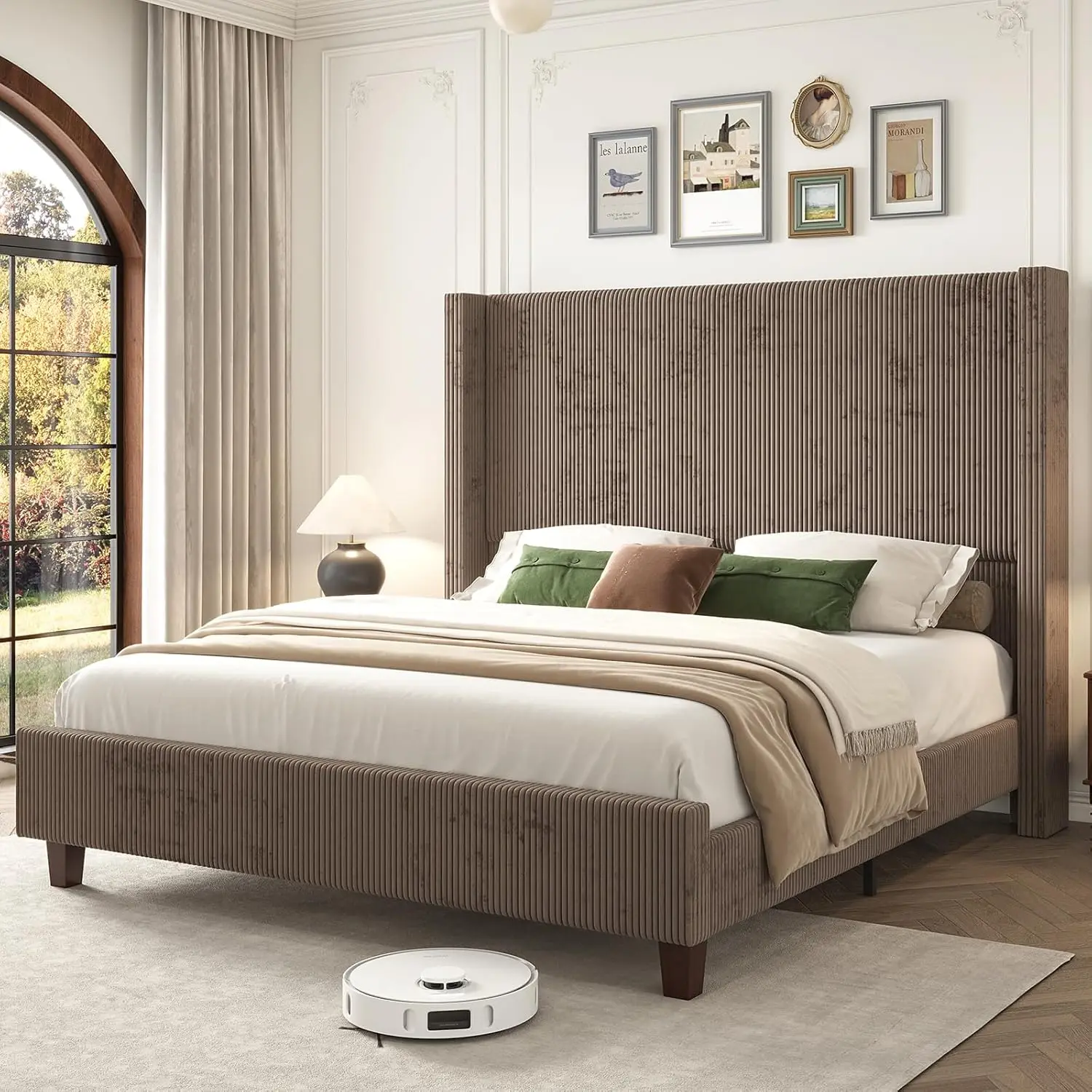 

Queen Size 61 Corduroy Upholstered Bed Frame, Platform Bed with Vertical Stripe Wingback Headboard, No Box Spring Needed/No