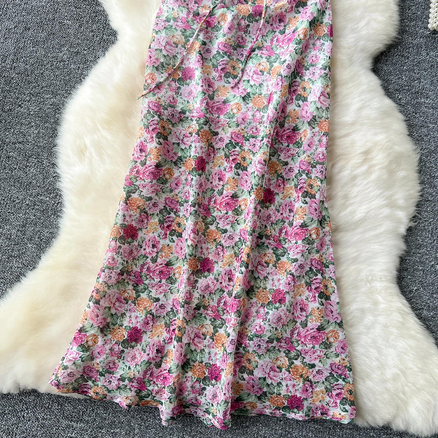 Chique Vintage Bloemen V-Hals Slip Dress Geplooide Bandage Casual Vakantie Vestidos Zomer Vrouwen Zoete Zeemeermin Jurken