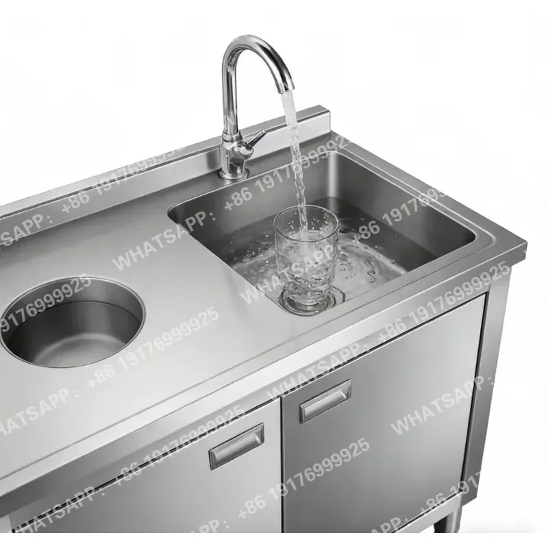 Sanitary Sliding Door Sink Cabinet with Trash Bin Rust-proof Kitchen Cleaning Station for Restaurant Hospital