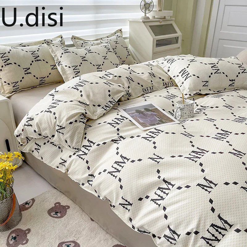 

Udisi Cotton Bedding Set Ins Style Alphabet Printed Duvet Cover Set Soft Comforter Set Bed Linens Set Single Double Queen Size