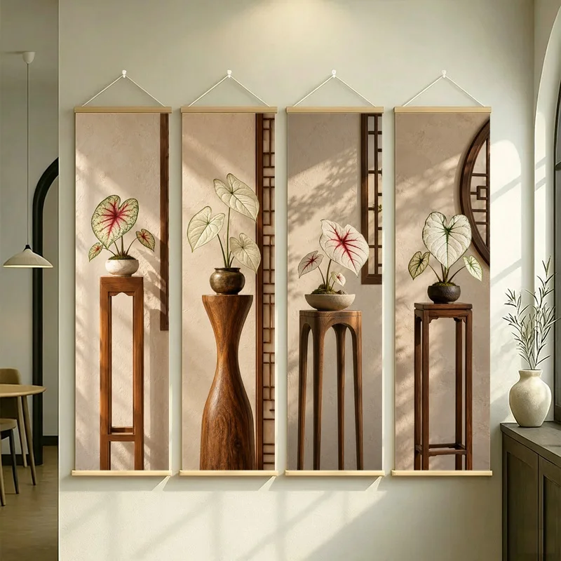 Wall Decor White Caladium and Christmas Caladium, Wabi-Sabi Silver Shimmer Canvas Hanging Scroll for Japandi Living Room