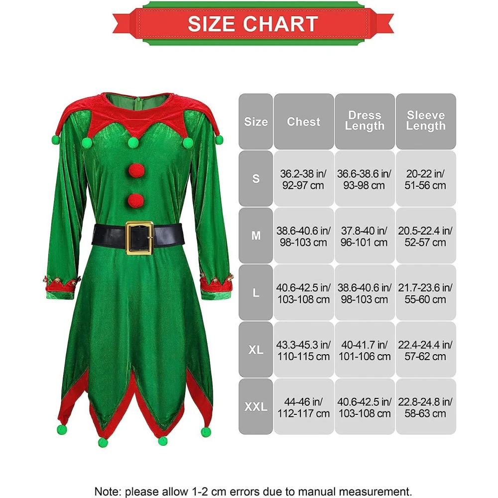 Fantasia de Cosplay de Elfo Verde para Mulher, Cinto, Chapéu, Fato de Ouvido de Elfo, Roupas de Natal Adulto e Infantil, Natal, Engraçado, Ano Novo