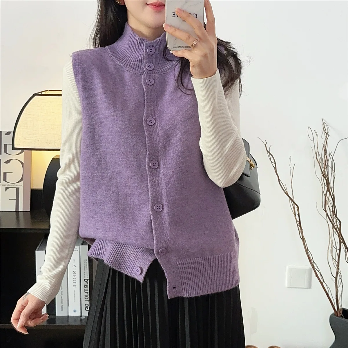 سترة نسائية محبوكة ناعمة ومريحة يمكن ارتداؤها على الوجهين سترة f تصميم ذو ياقة عالية للتنقل بطول طويل