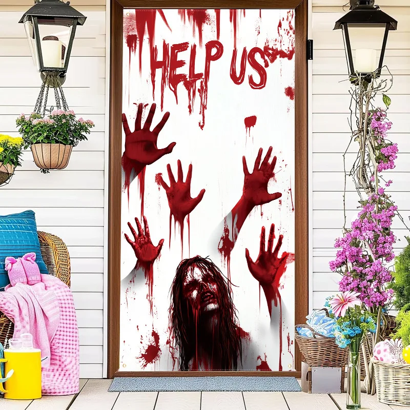 

Кровавая крышка на дверь на Хэллоуин, ужасающие персонажи с отпечатками рук, оконная крышка, дом с привидениями, фон для украшения вечеринки на Хэллоуин
