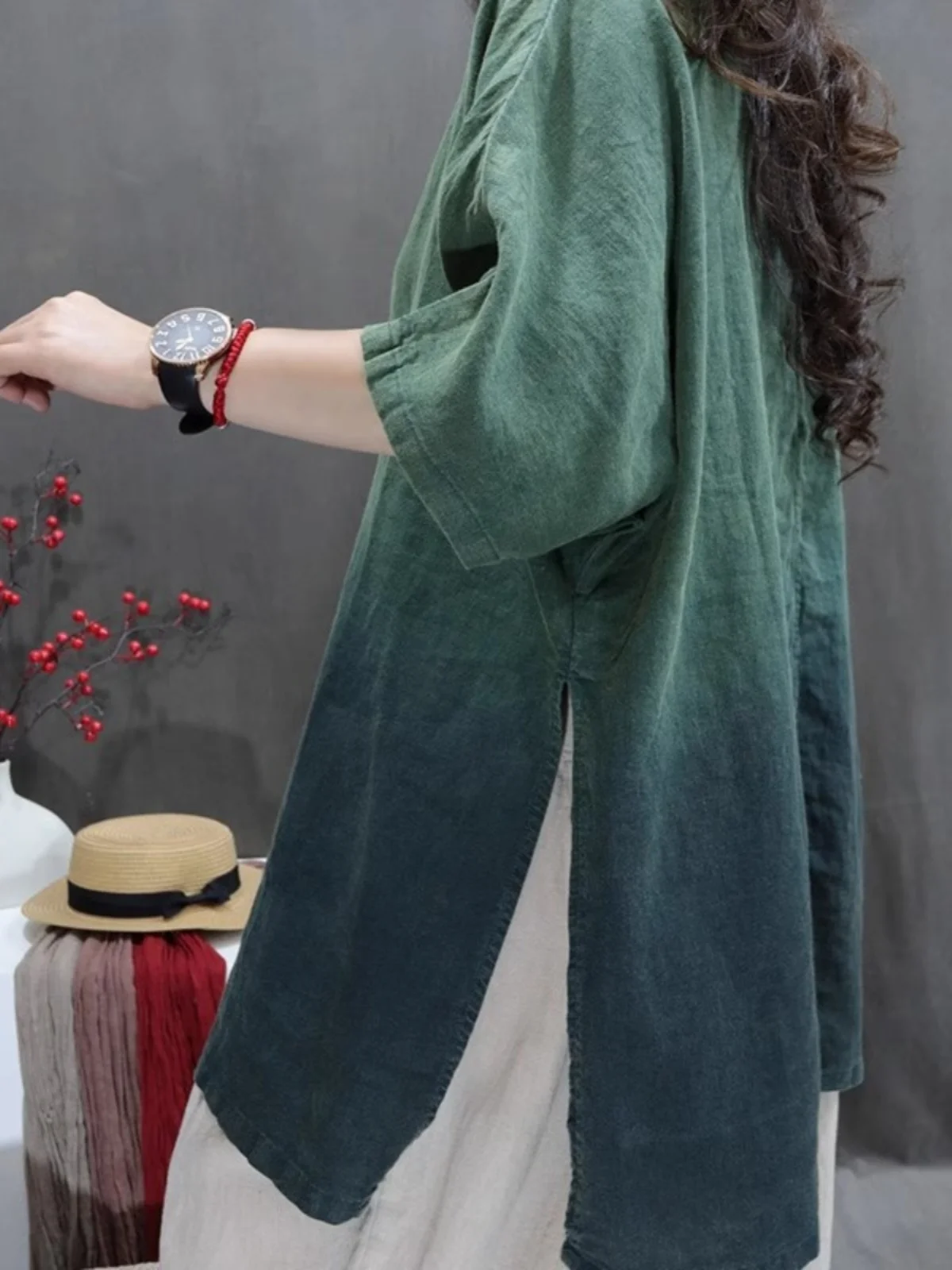 Loose Large Version Cotton Linen f Sve irt Women's Mid-Length Robe T-irt Lazy Sle European Goods Tailor Single