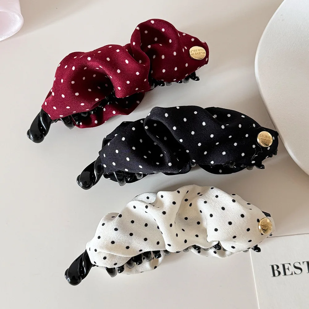 Polka Dot Satin Banana Hair Clips Women Vintage Pleated Hair Claw Clips Non Slip Hair Barrettes Elegant Daily Hair Accessories