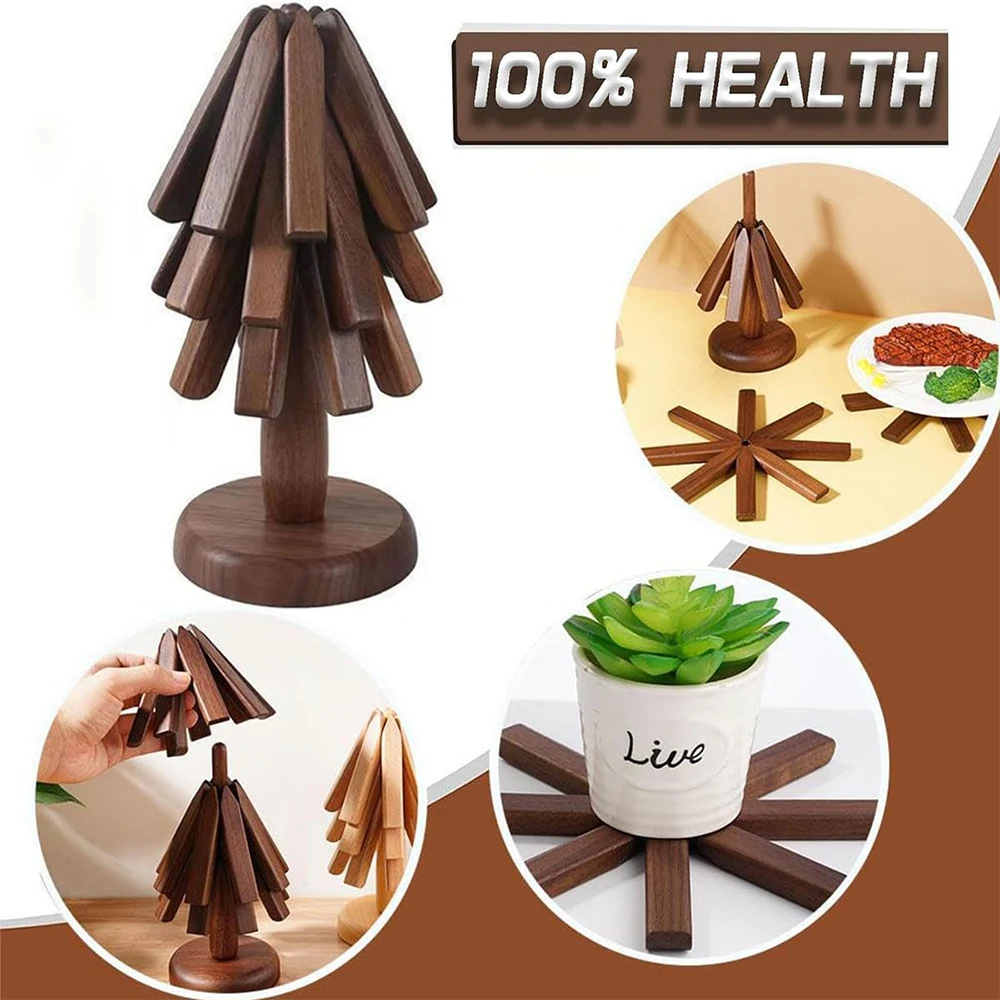 4PCS Wooden Trivet Stand Walnut Tree Table Mat Trivets Decorative Foldable Tree Trivet Holders Pads Kitchen Accessories Coasters