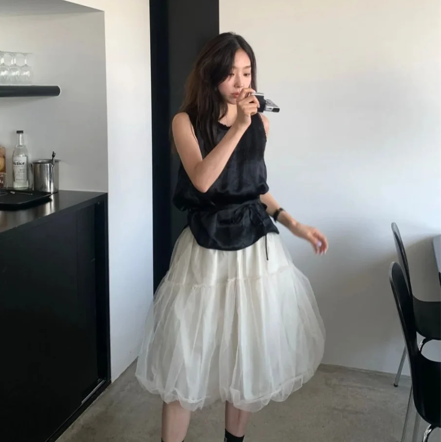 

Faionable Pleated Fluffy f Skirt Korean Sle Spring Summer l Waist Midi Skirt Fre Blossom Tulle Skirt