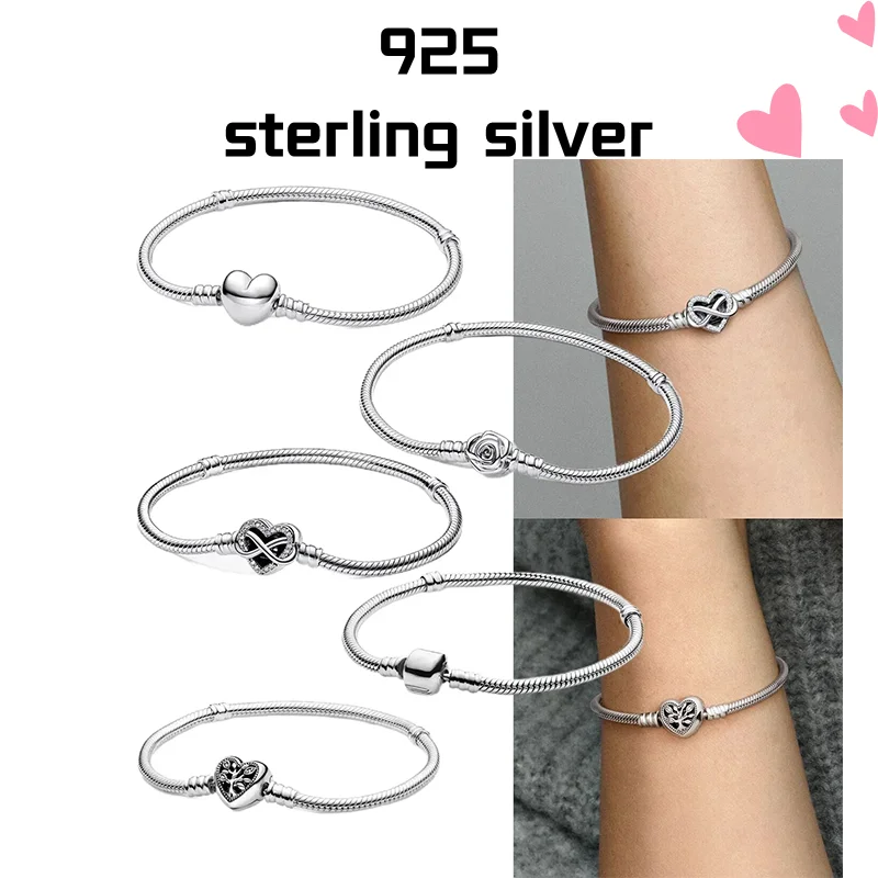 

S925 Sterling Silver Original Classic Snake Chain Bracelet Suitable for DIY Pendant Beaded Heart Bracelet Women's Jewelry