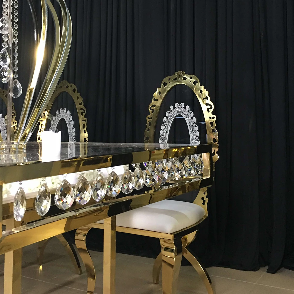Luxury Restaurant Table Gold Stainless Steel Glass Dining Party Tables For Wedding Event