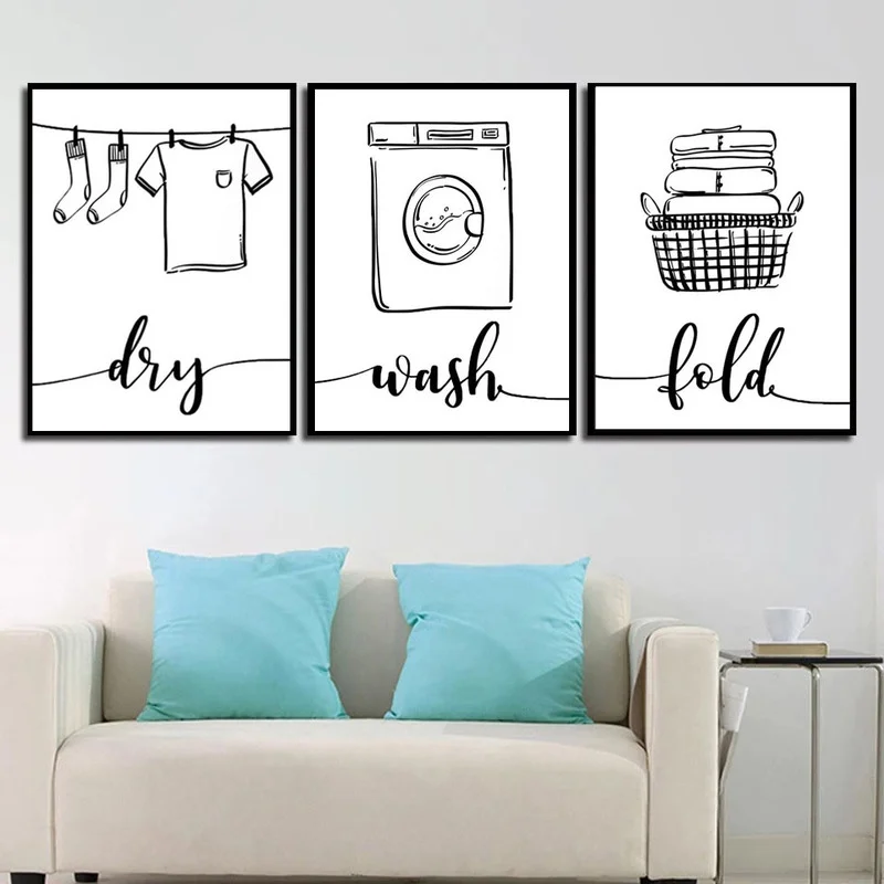 Laundry Shop Wash Dry Press Poster Sign Wall Art Pictures Black White Prints Canvas Painting for Bathroom Home Decoration