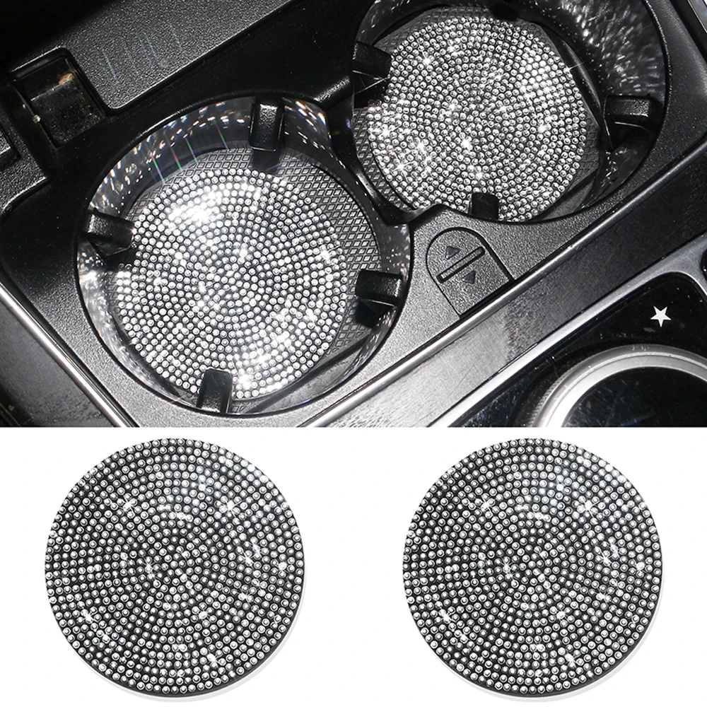 2PCS Diamond Car Coaster Water Cup Slot Non-Slip Mat Silica Gel Pad Cup Holder Mat Auto Gadget Bling Car Accessories for Women